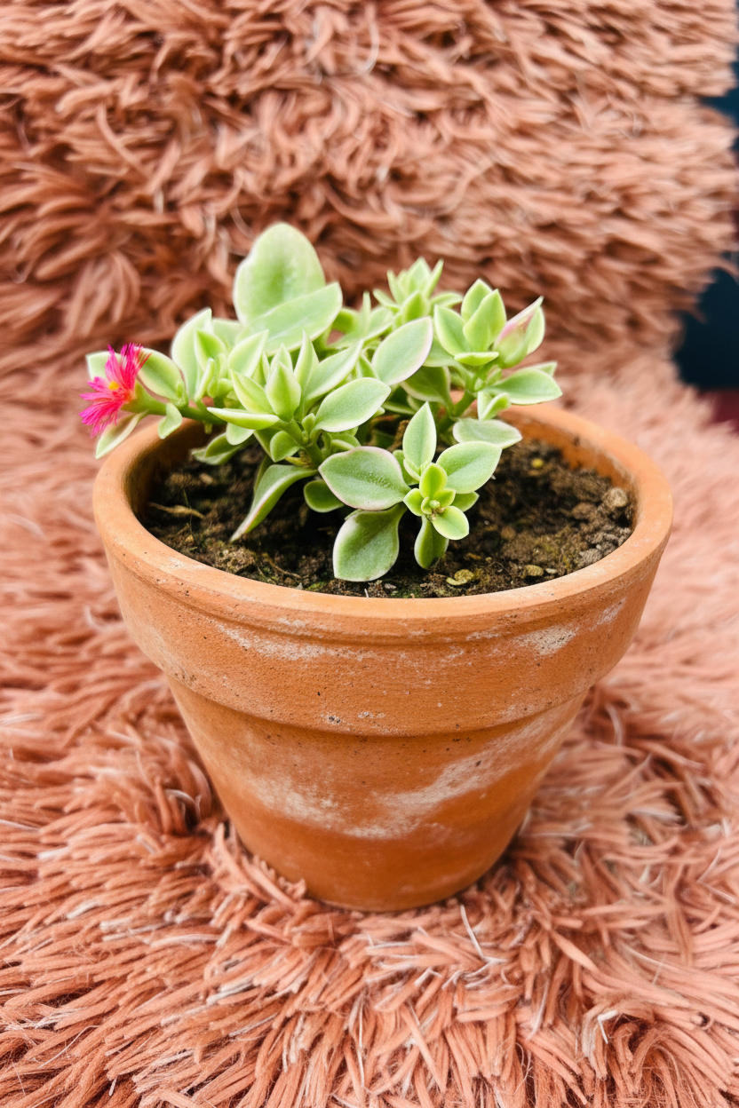 Baby Sun Rose Aptenia Cordifolia in terracotta pot with pink flower - side view