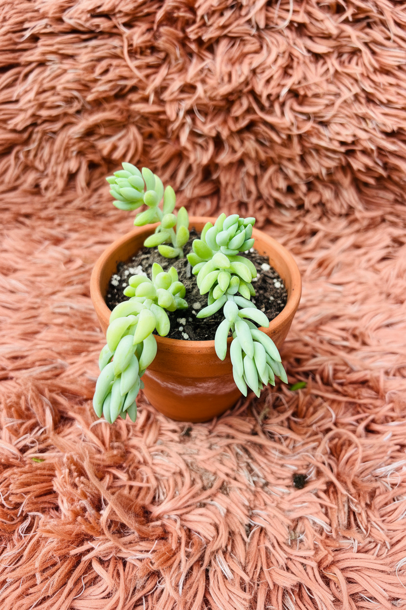 Donkey's Tail Sedum Burrito in terracotta pot - pink rug background top view