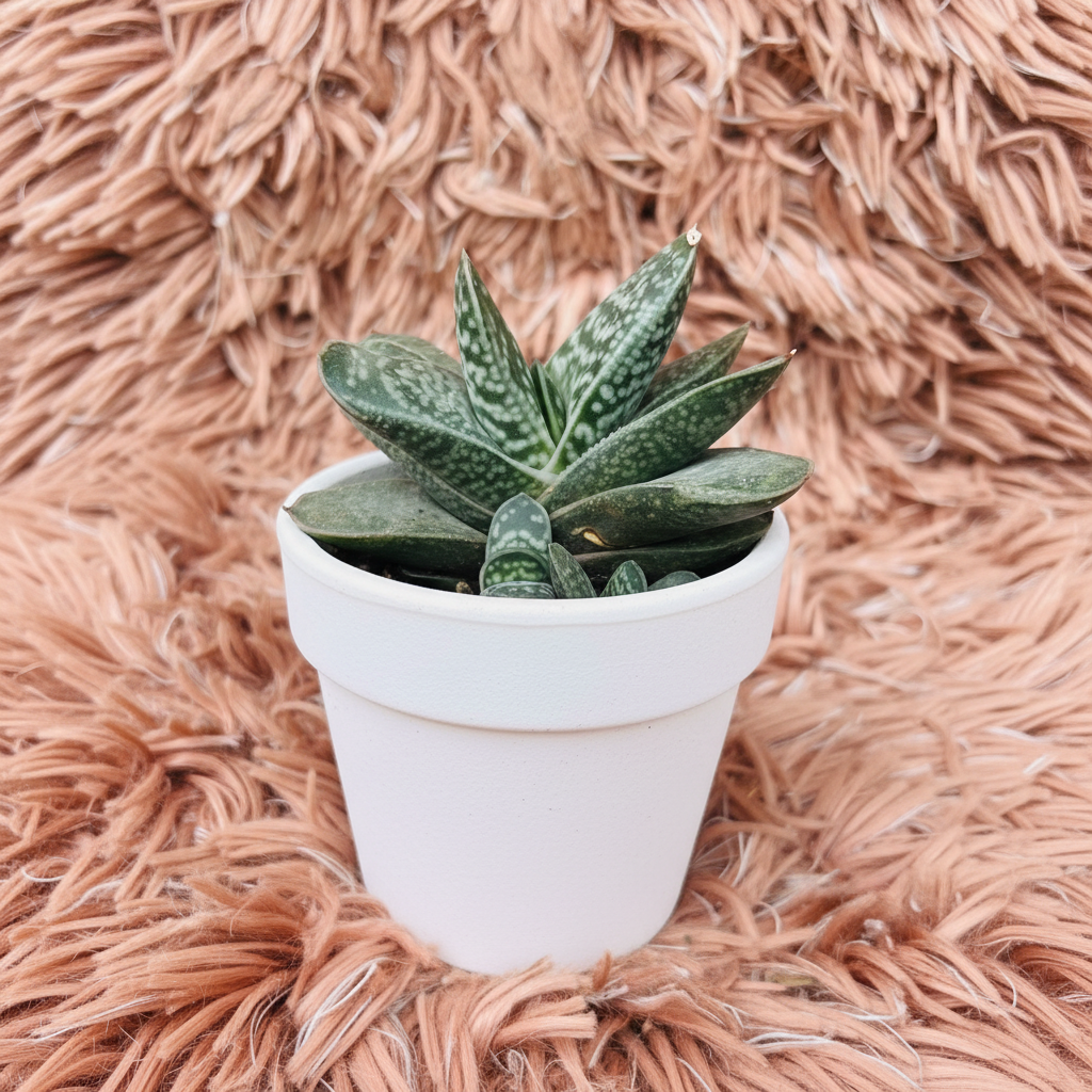 Gasteria Little Warty succulent in white ceramic pot on pink fur background – three quarter view