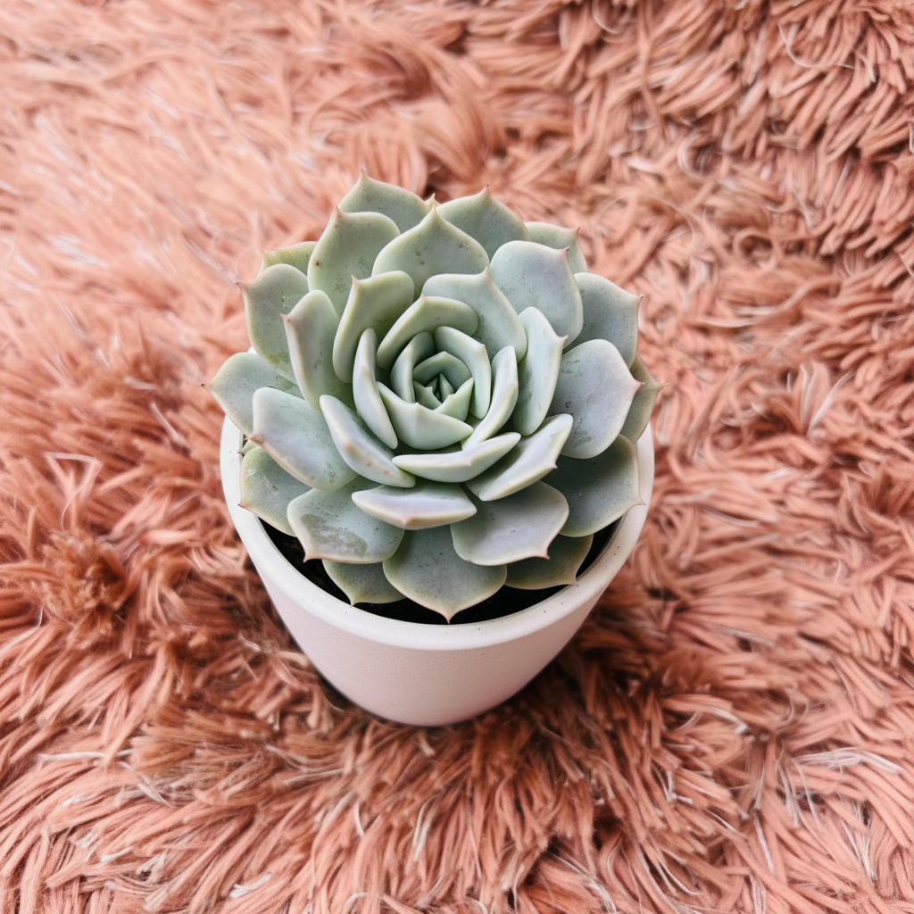 Echeveria Powder Blue succulent in white ceramic pot on pink fur background – angle view
