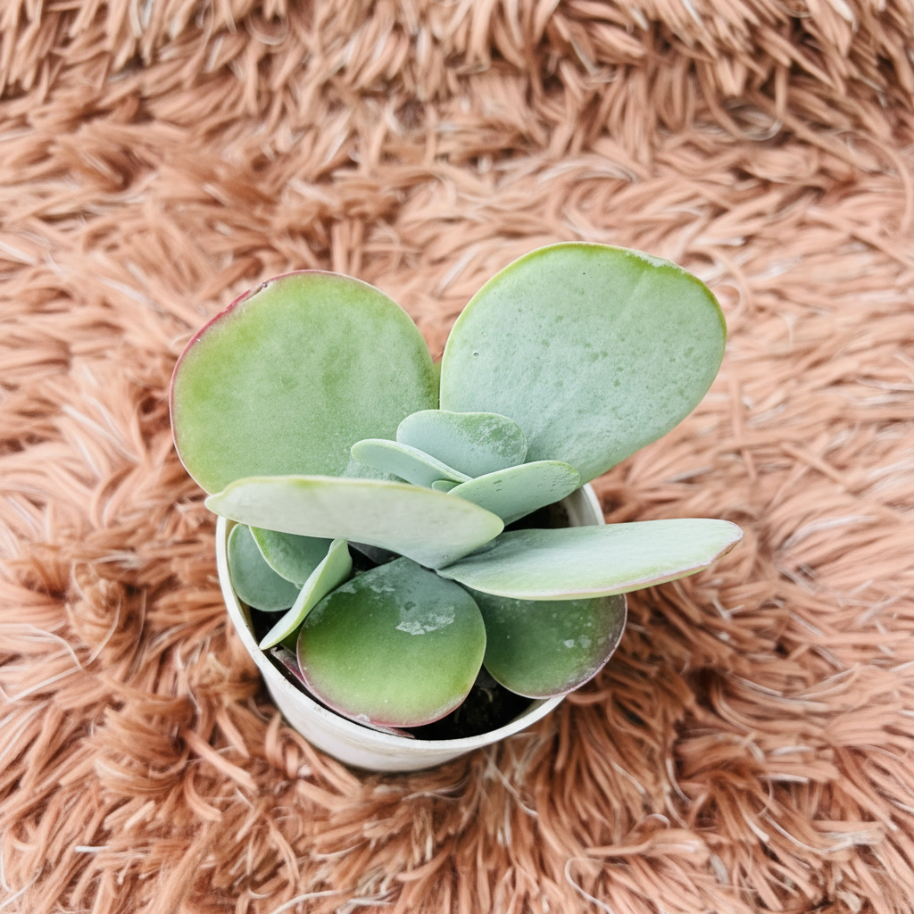 Paddle Plant Flapjack succulent in white ceramic pot on pink fur background – top down view