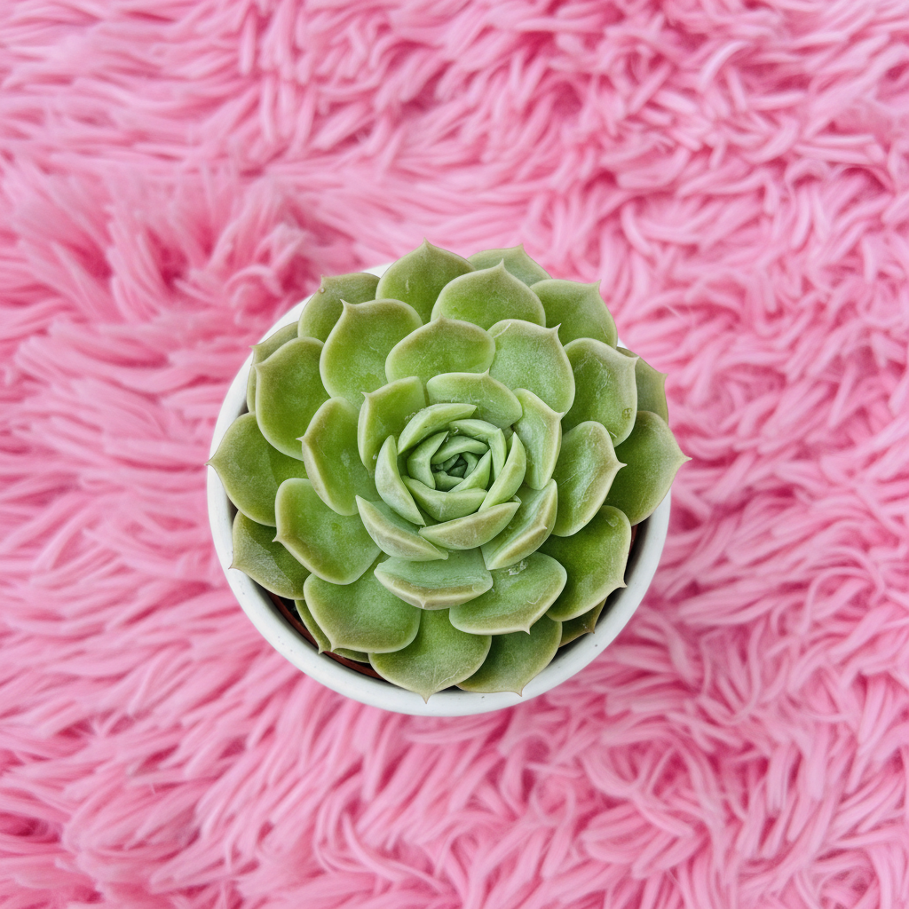 Echeveria Green Rose succulent in white ceramic pot on pink fur background – top down view