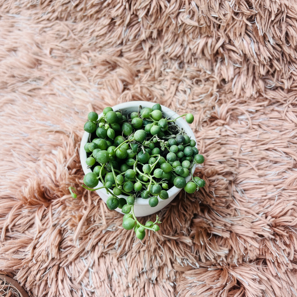 String of Pearls succulent in white ceramic pot on pink fur background – top down view