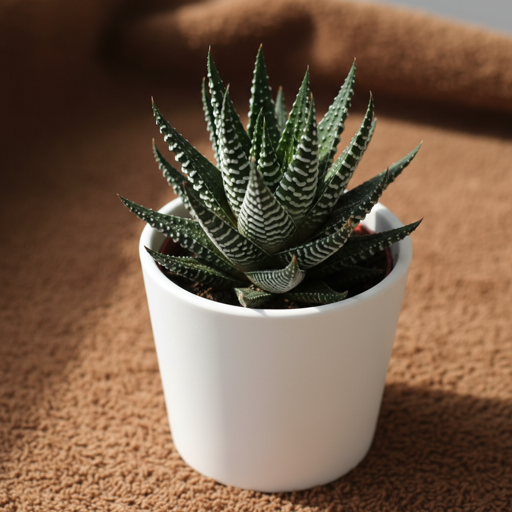 Haworthia Fasciata in white ceramic pot – 45 degree angle