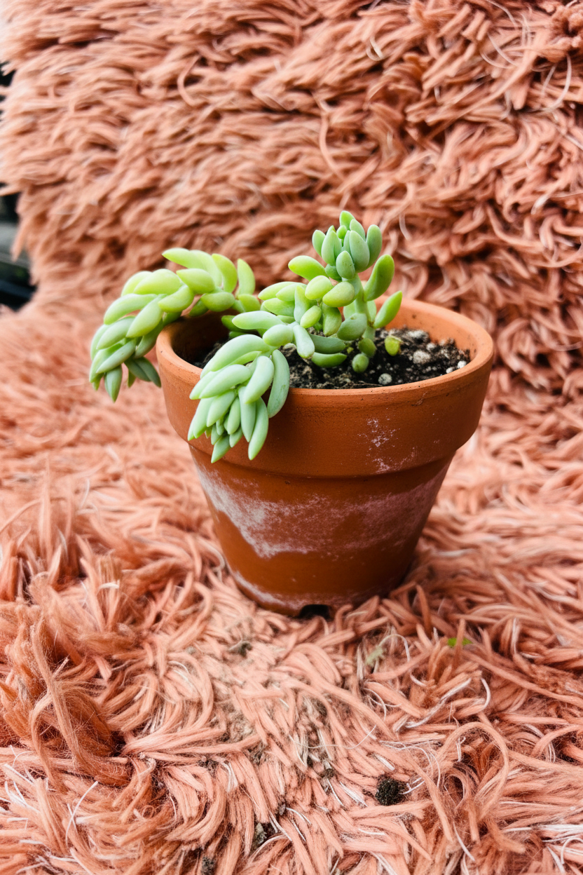 Donkey's Tail Sedum Burrito in terracotta pot - pink rug background side view