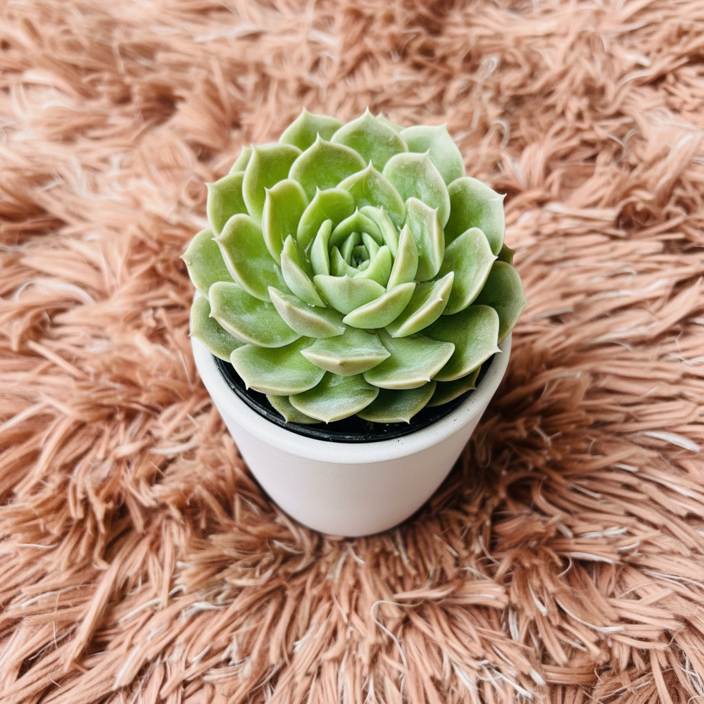 Echeveria Green Rose succulent in white ceramic pot on pink fur background – angle view