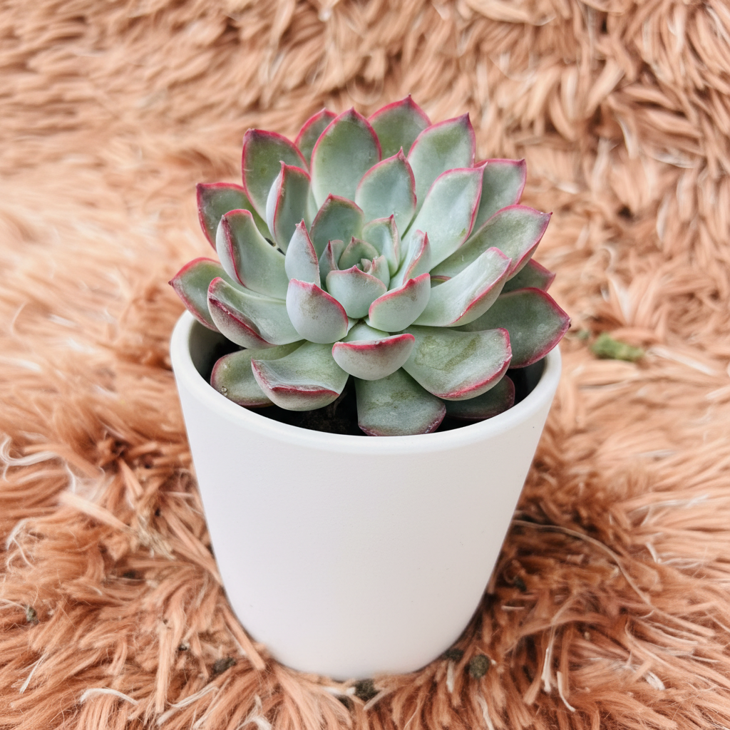 Echeveria Red Edge Rosette in white ceramic pot – side angle