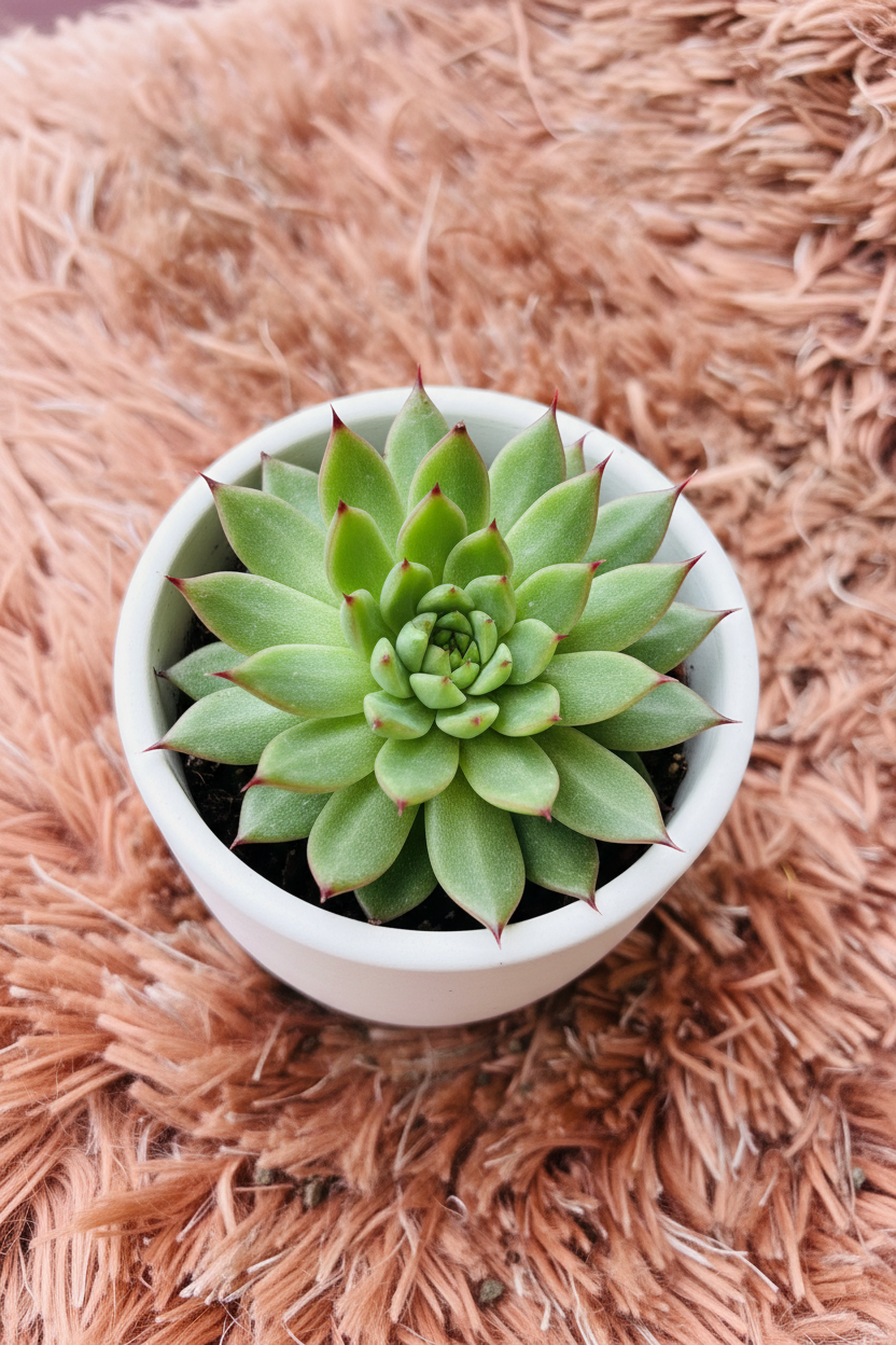 Echeveria agavoides overhead view in white ceramic pot showing red-tipped star rosette