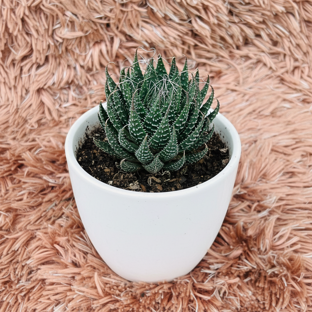 Haworthia Arachnoidea in white ceramic pot – top down