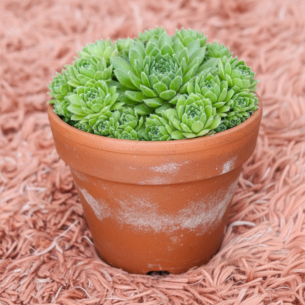 Sempervivum Hen and Chicks multi-rosette cluster in terracotta pot - top view