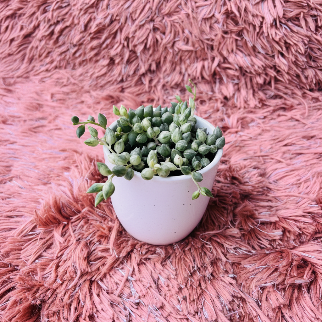 Variegated String of Tears in white ceramic pot on pink fur background – three quarter view