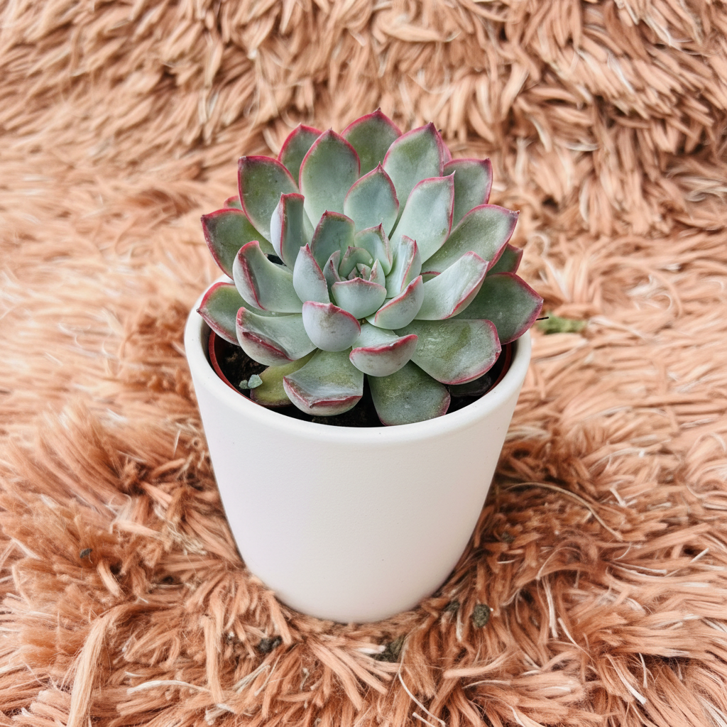 Echeveria Red Edge Rosette in white ceramic pot – 45 degree angle