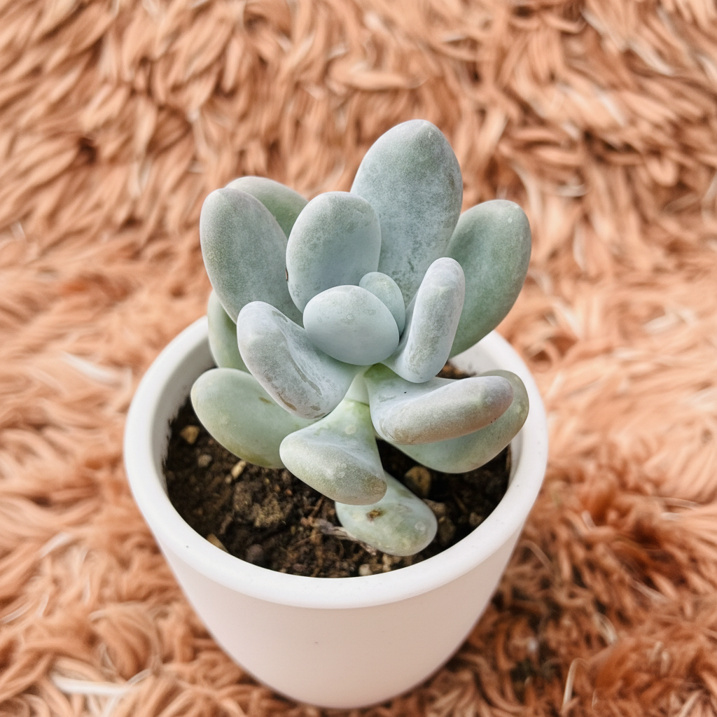 Pachyphytum Oviferum Moonstone in white ceramic pot – overhead