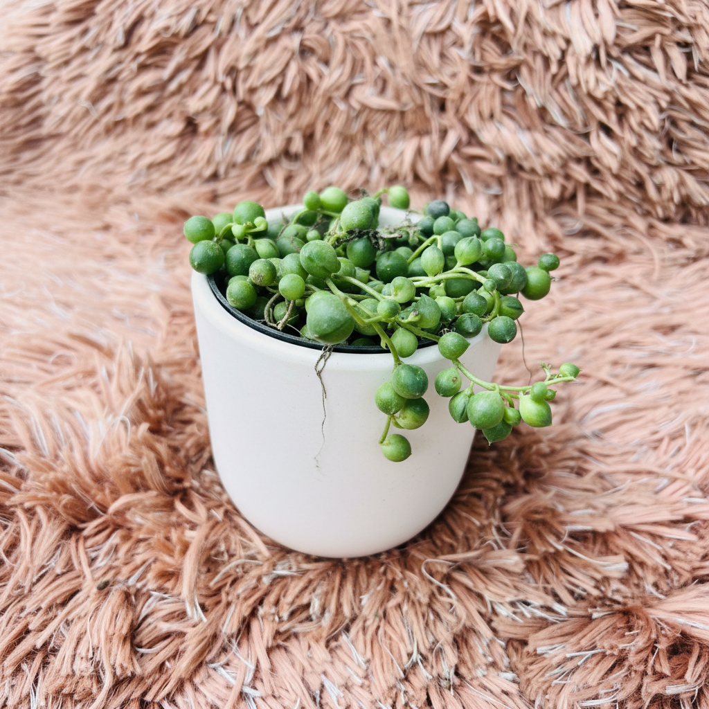 String of Pearls succulent in white ceramic pot on pink fur background – three quarter view