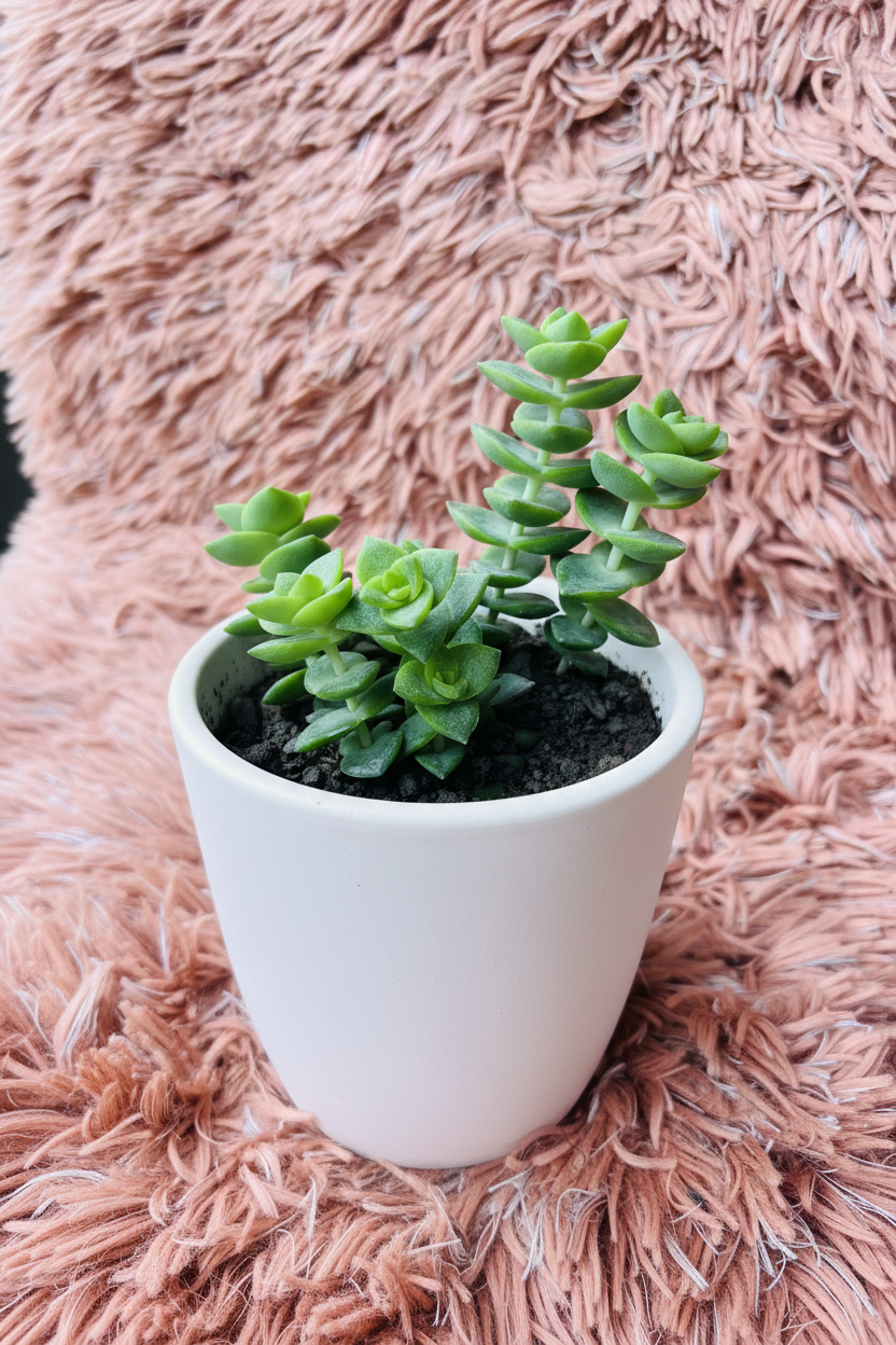 Crassula Tom Thumb front side view in white ceramic pot on pink rug
