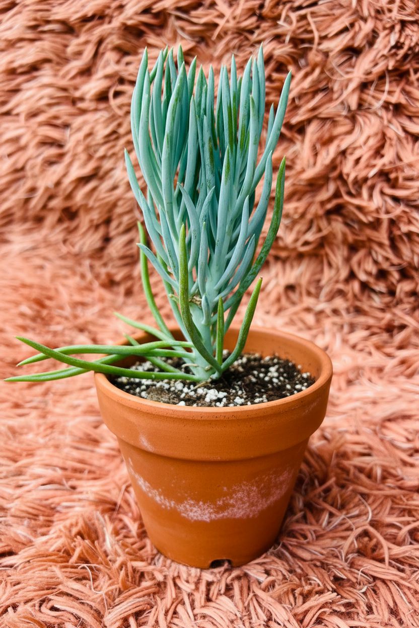 Senecio Mandraliscae Blue Finger succulent in terracotta pot - side view