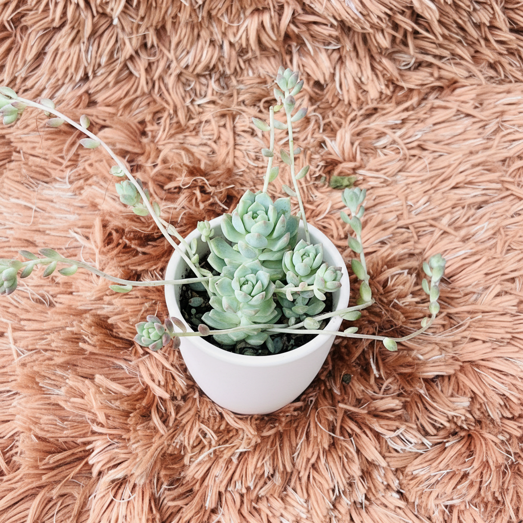 Ghost Plant in white ceramic pot – top down