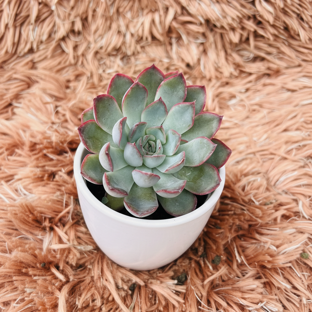 Echeveria Red Edge Rosette in white ceramic pot – top down