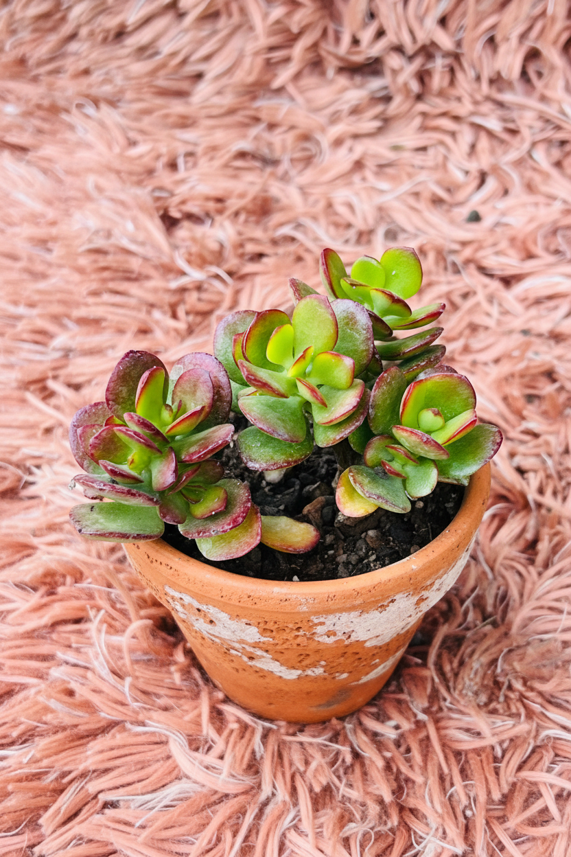Dwarf Crassula Red Carpet in terracotta pot - top view