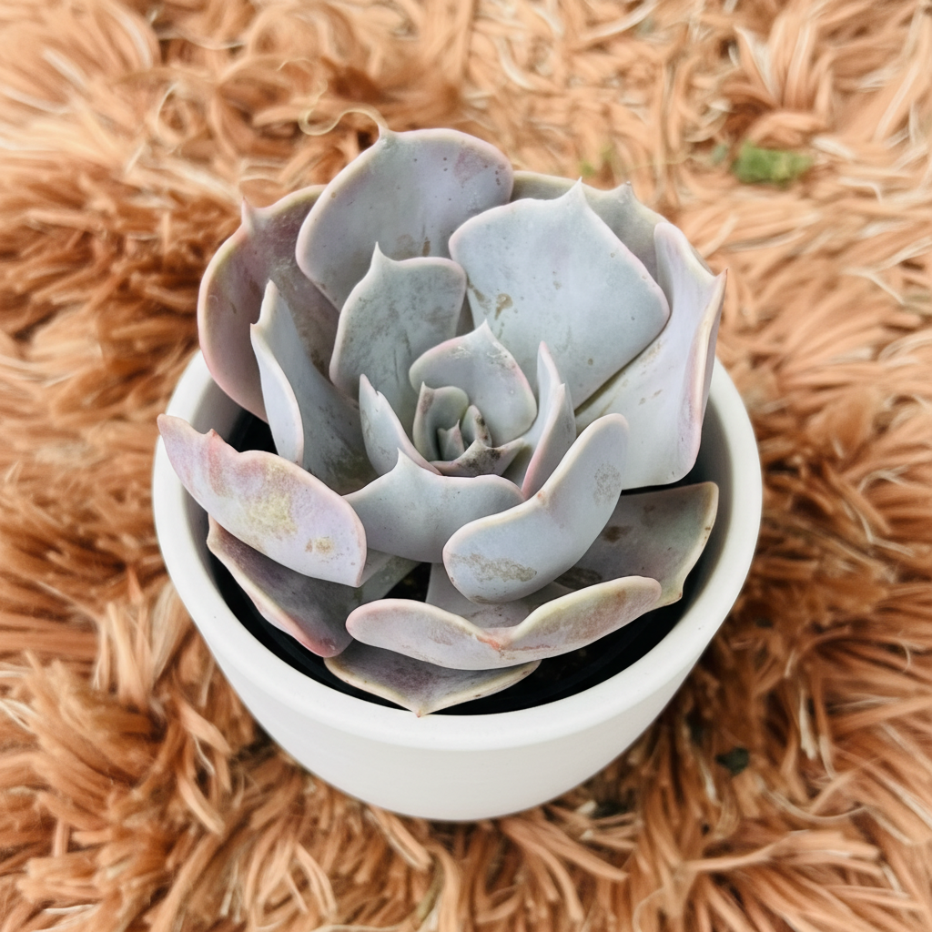 Echeveria Lavender Rose in white ceramic pot – overhead