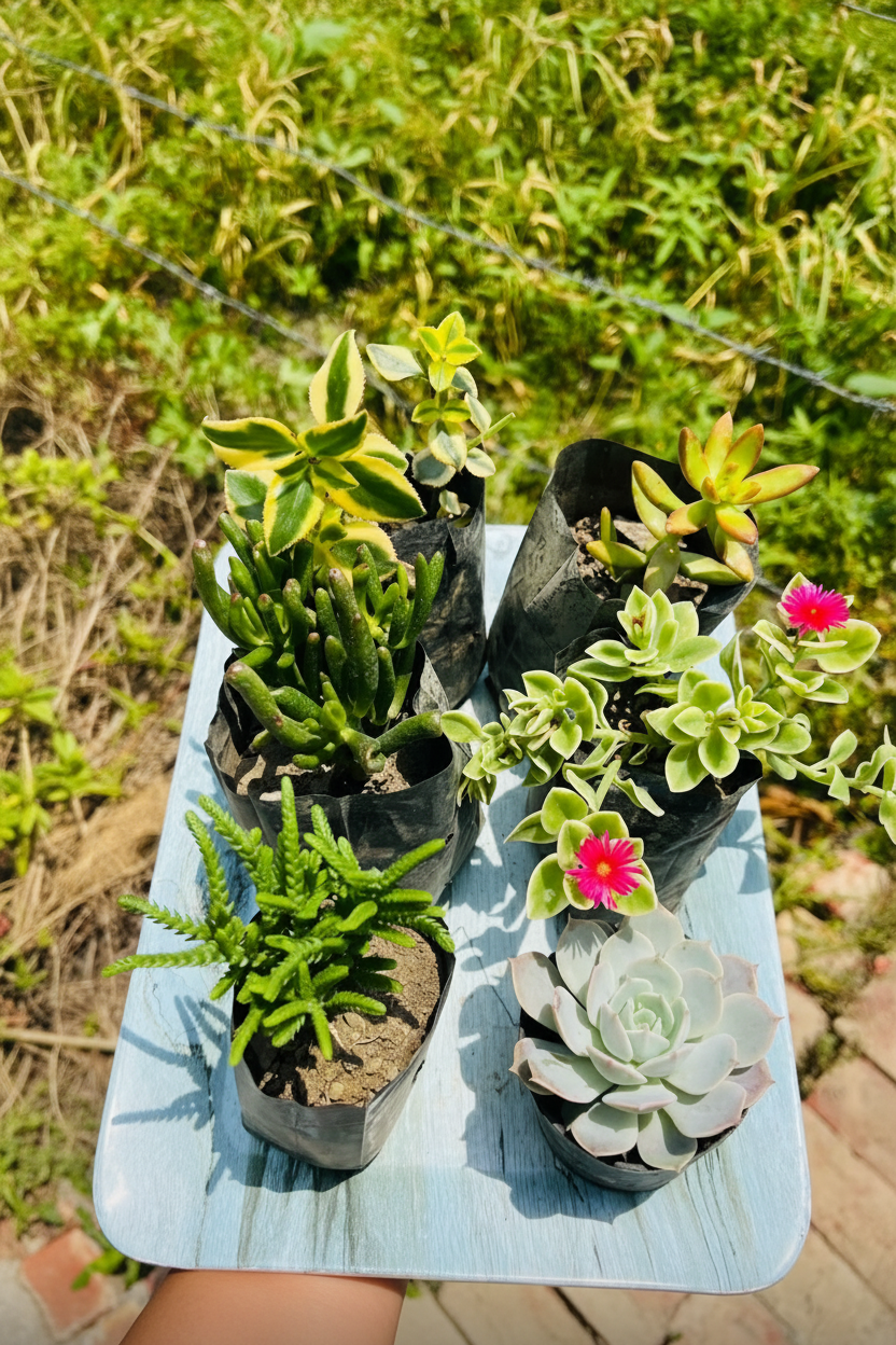 Combo of 6 succulents and flowering plants in black polybag pots on a blue wooden board outdoors