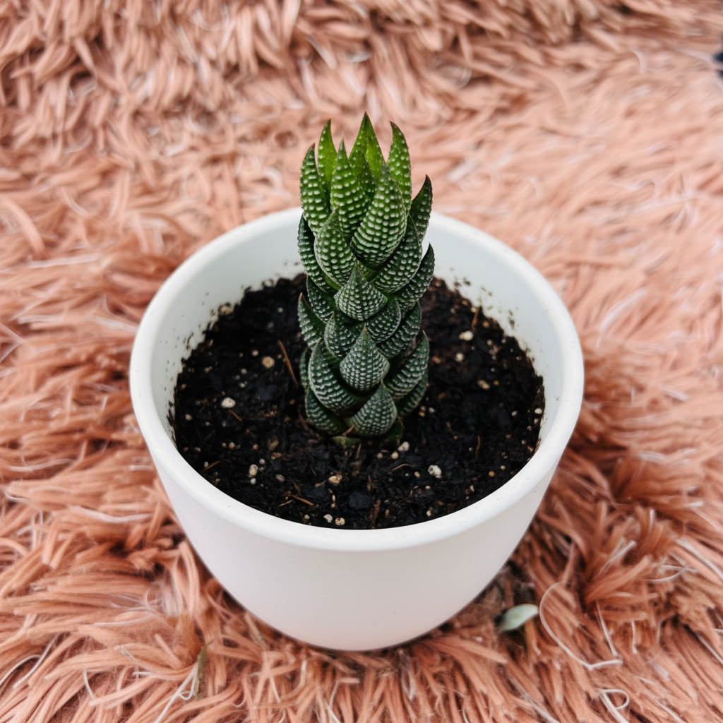 Haworthia Pumila in white ceramic pot – top down