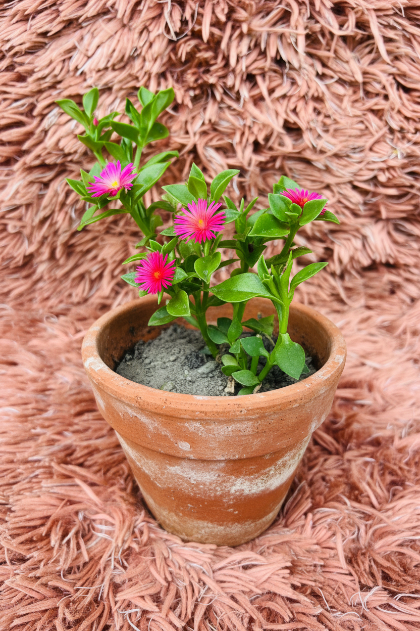Baby Sun Rose Green Aptenia Cordifolia in terracotta pot with pink flowers - side view