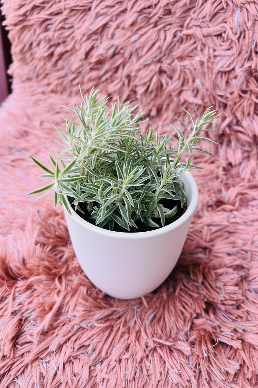 Green Star succulent three-quarter view in white ceramic pot on pink rug