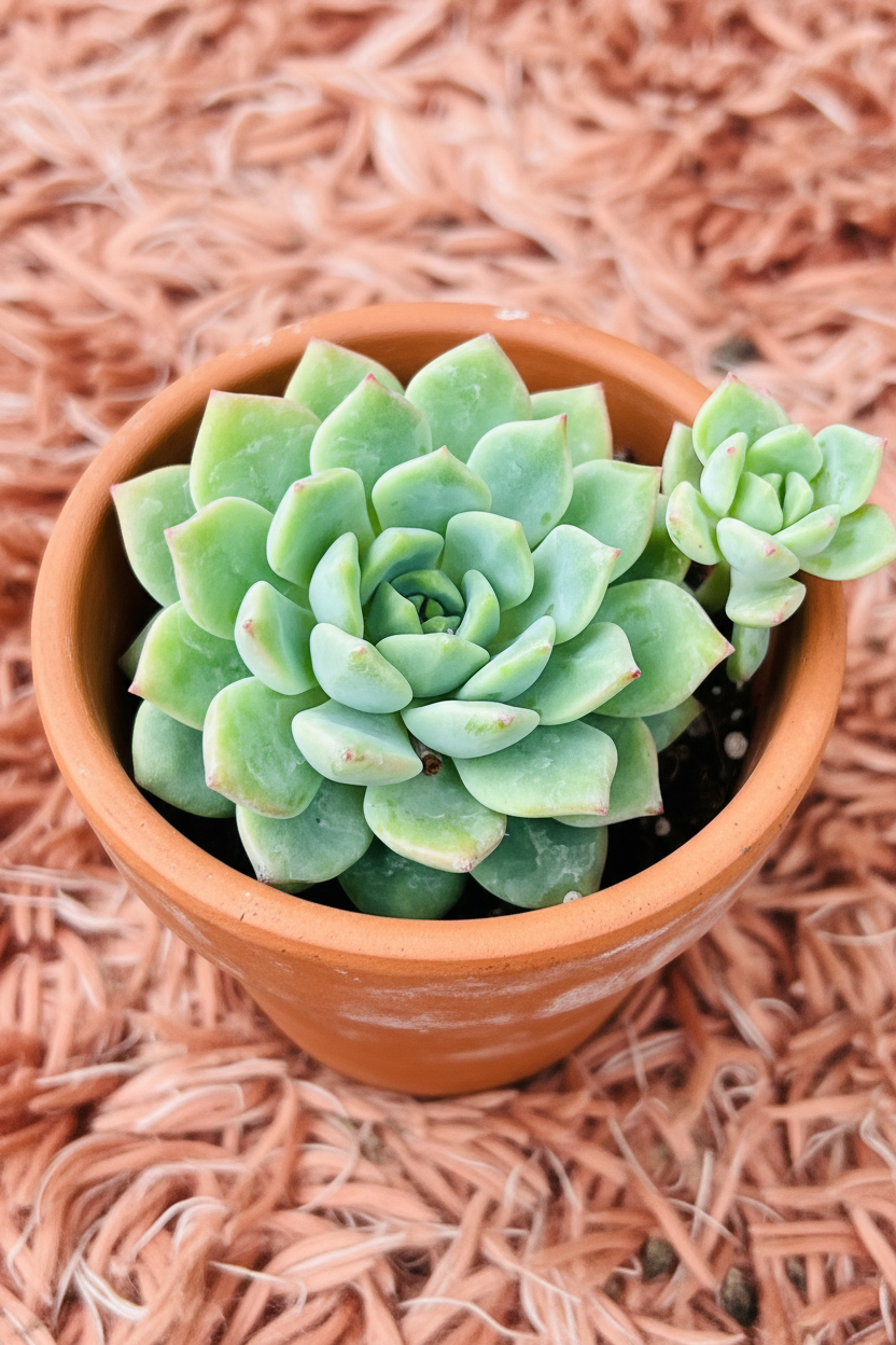 Echeveria Green Rosette in terracotta pot - top view
