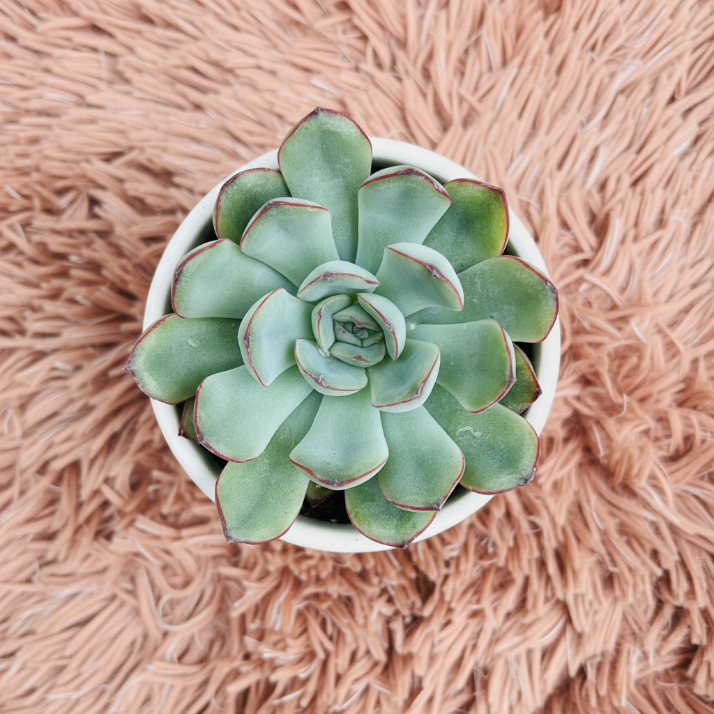 Echeveria Colorata in white ceramic pot on pink fur background – top down view