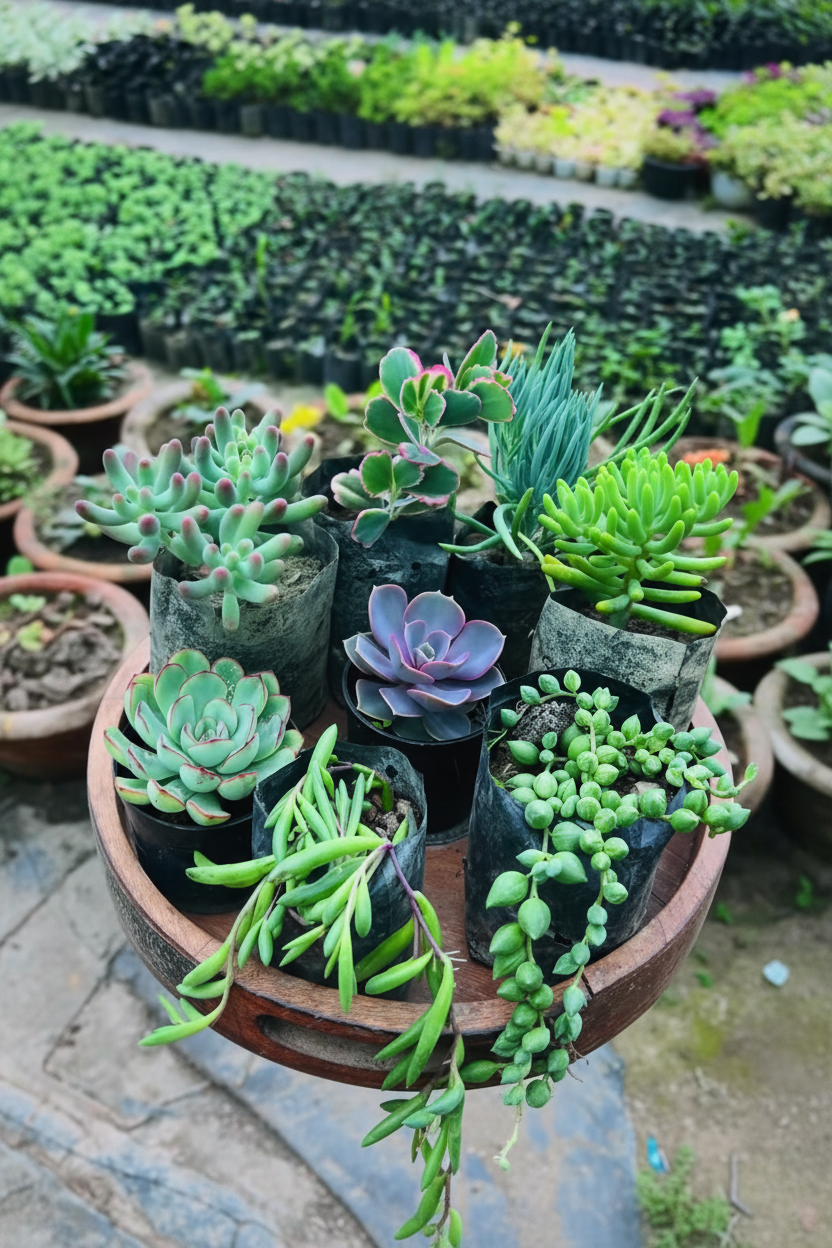 Combo of 8 succulents in black polybag pots in a terracotta tray including Blue Chalksticks, String of Pearls and Echeveria
