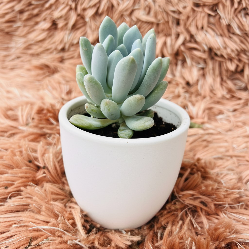 Pachyveria Glauca in white ceramic pot – side angle