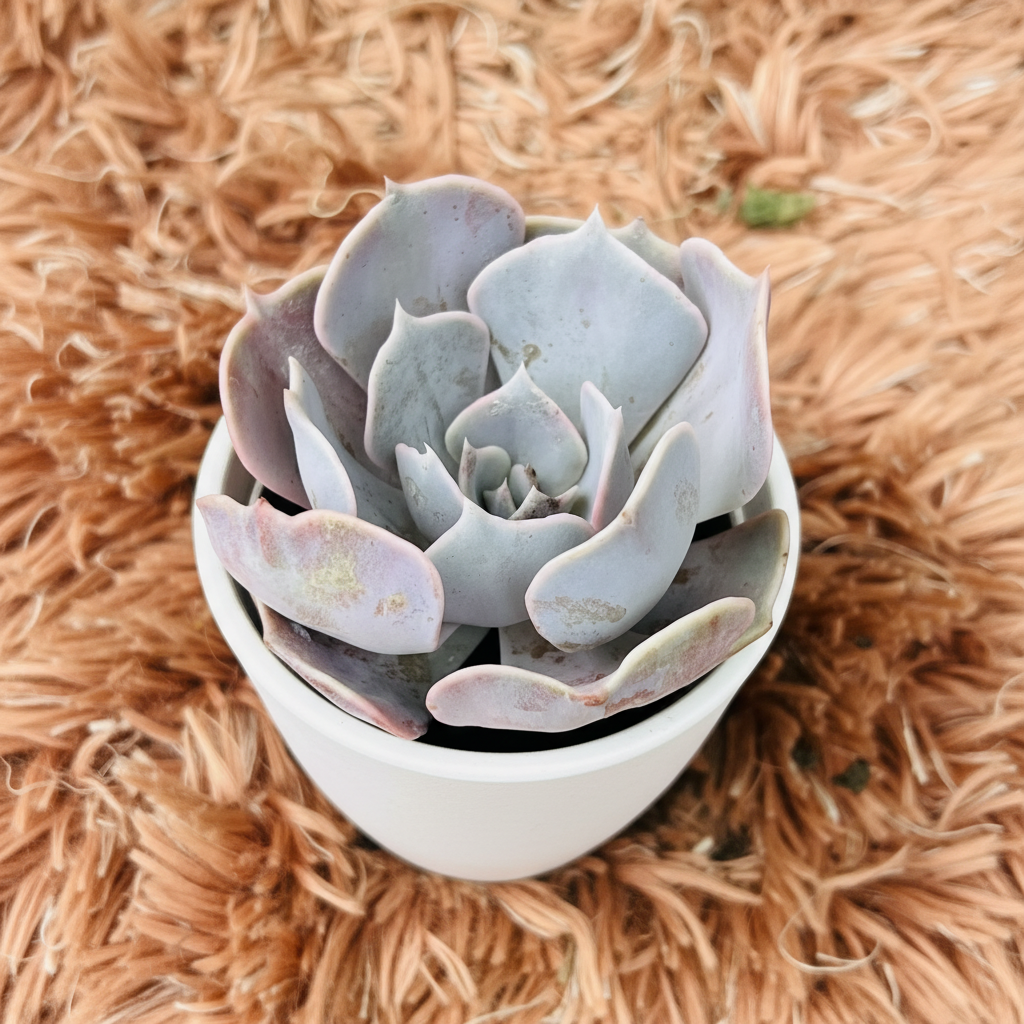 Echeveria Lavender Rose in white ceramic pot – top down