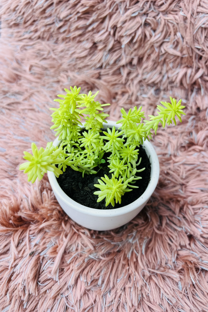 Sedum mexicanum top-down view in white ceramic pot on pink rug