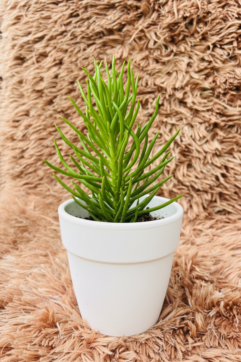 Senecio cylindricus pickle plant front view in white ceramic pot on pink rug