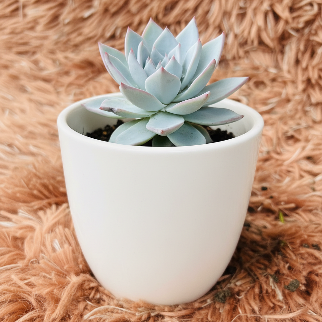 Echeveria Blue Bird in white ceramic pot – side angle