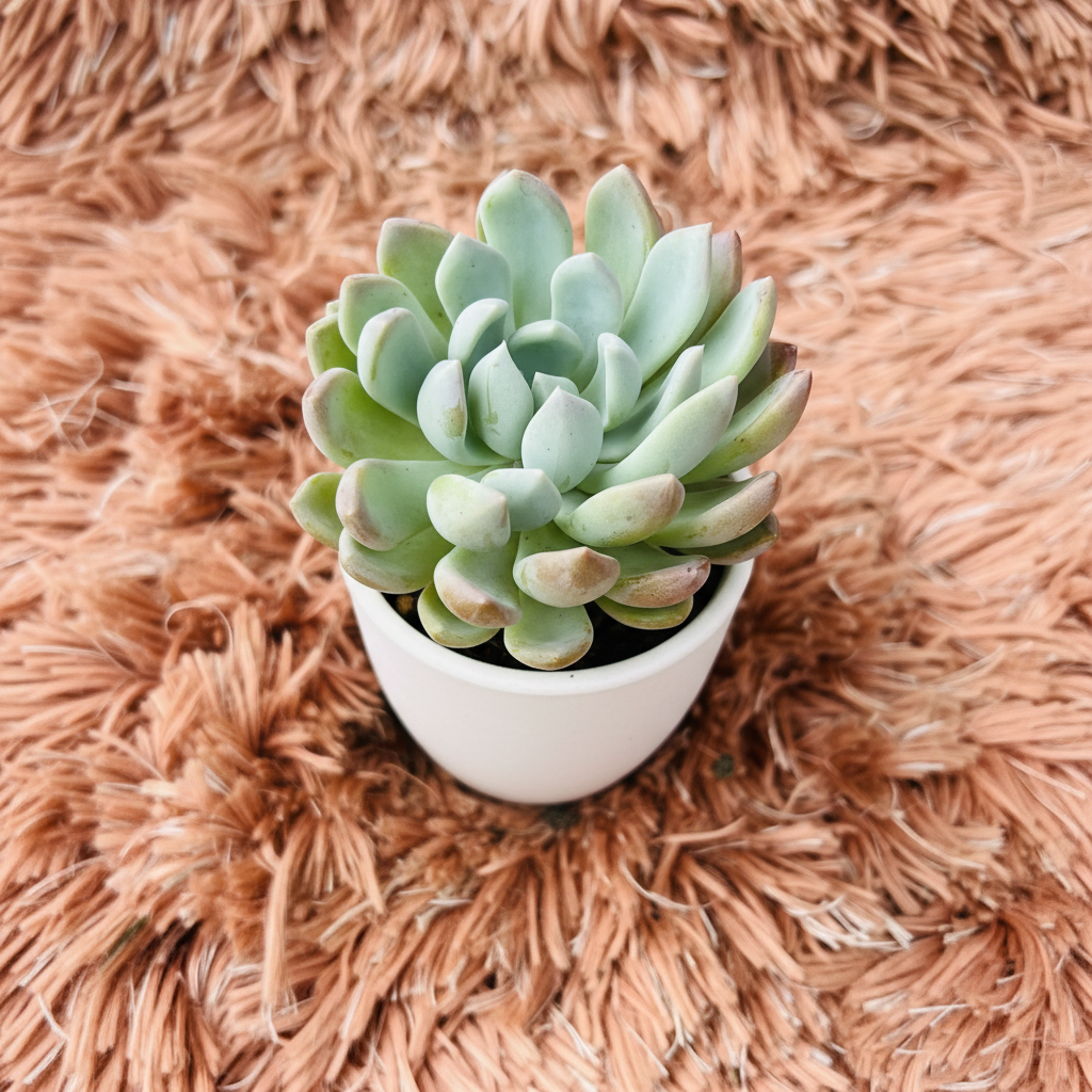 Echeveria Mebina dome rosette in white ceramic pot on pink fur background – angle view