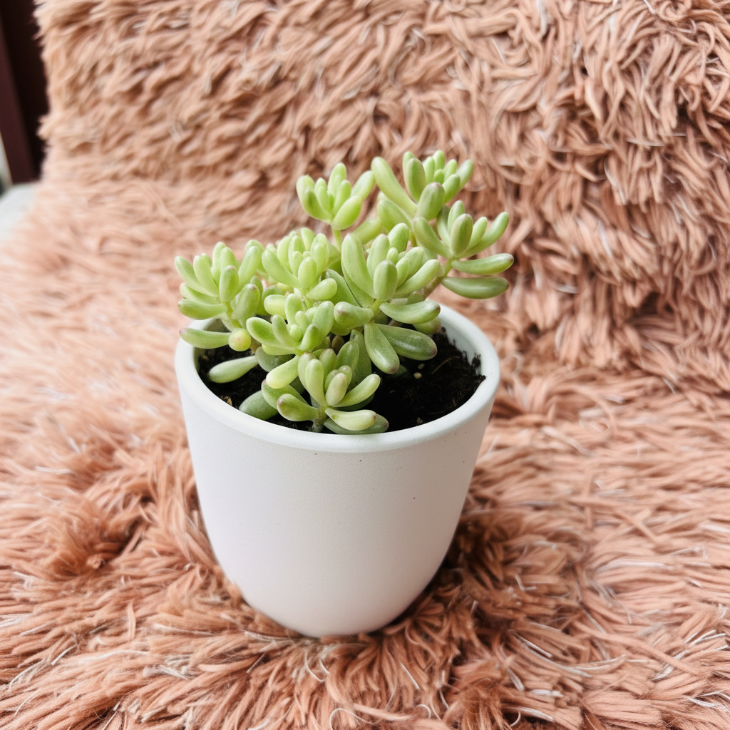 Variegated Jelly Bean succulent in white ceramic pot on pink fur background – three quarter view