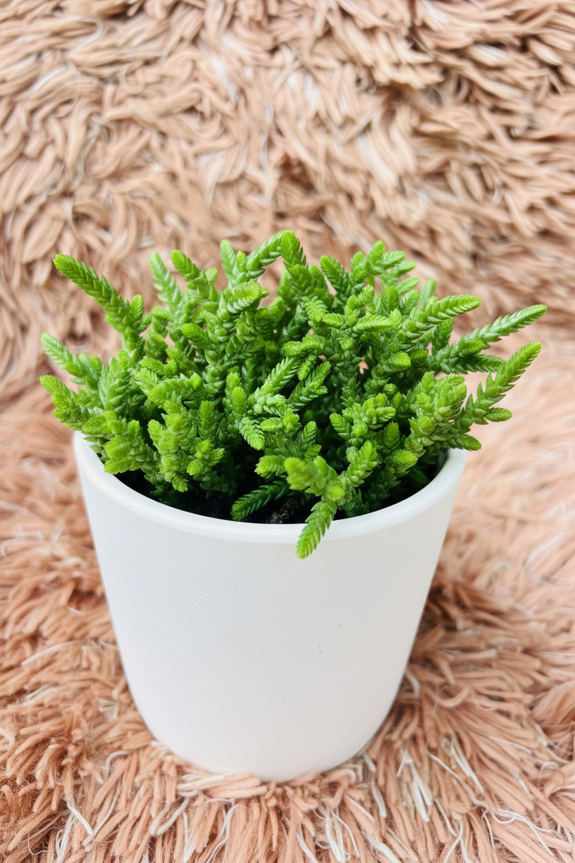 Crassula muscosa front side view in white ceramic pot on pink rug