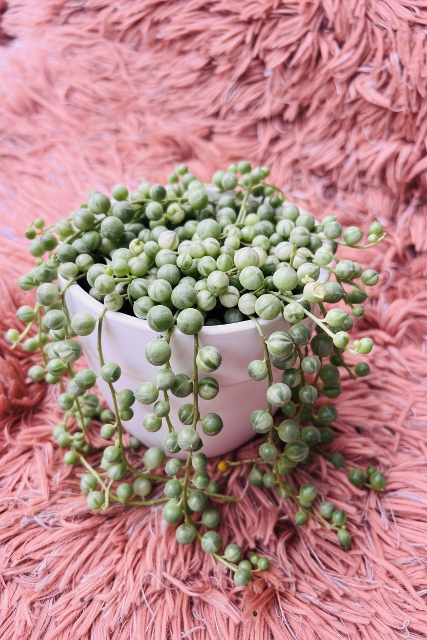 Variegated string of pearls three-quarter view in white ceramic pot on pink rug