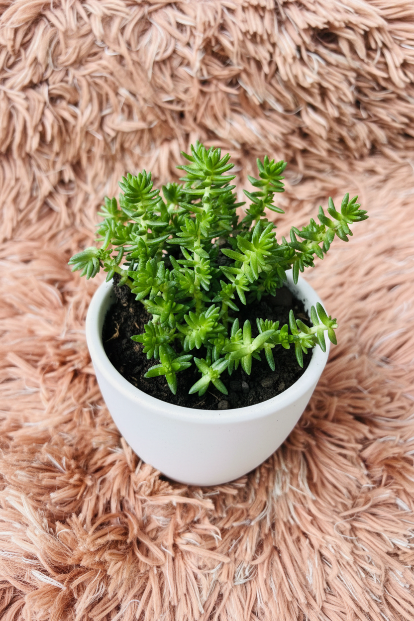 Crassula muscosa watch chain three-quarter view in white ceramic pot on pink rug