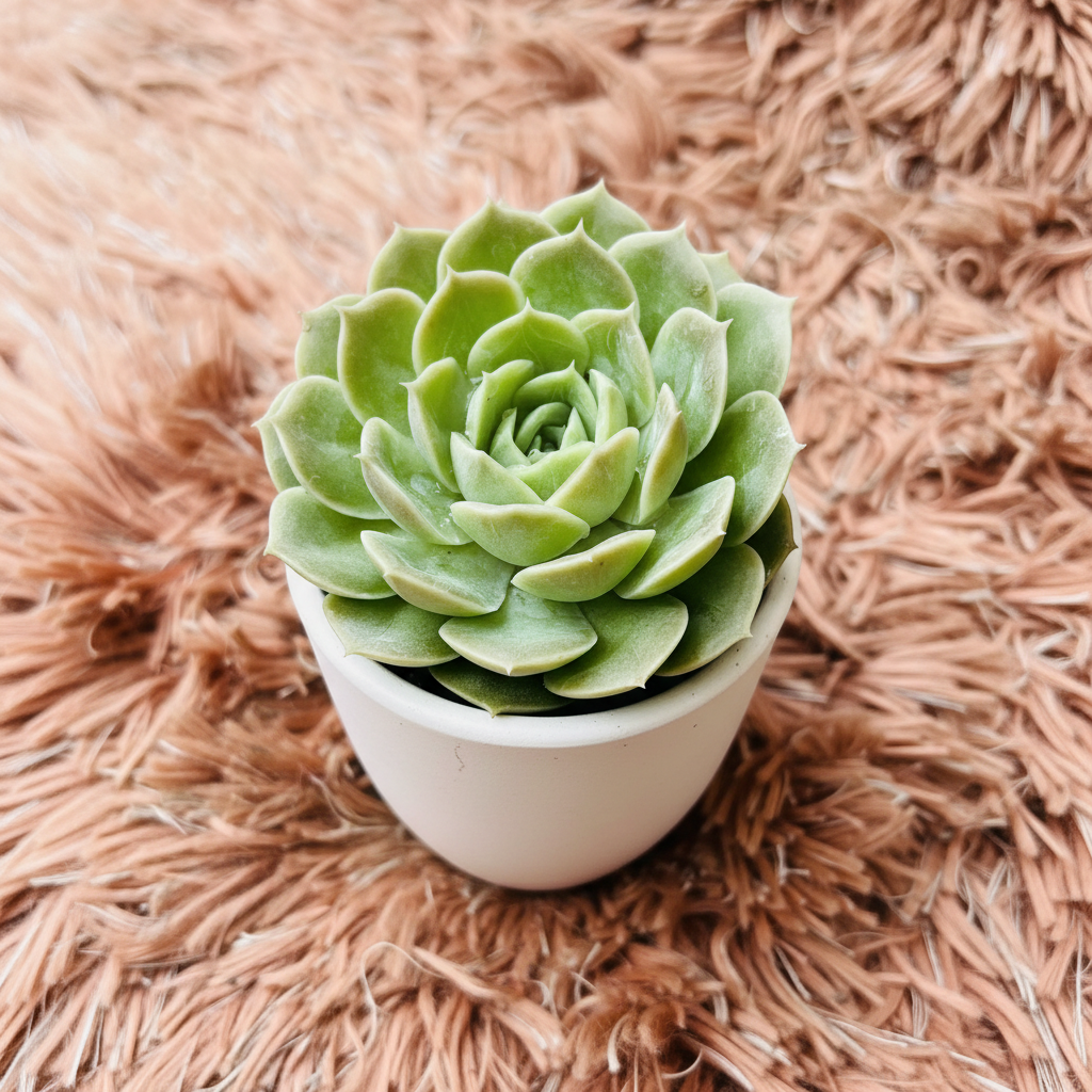 Echeveria Green Rose succulent in white ceramic pot on pink fur background – three quarter view