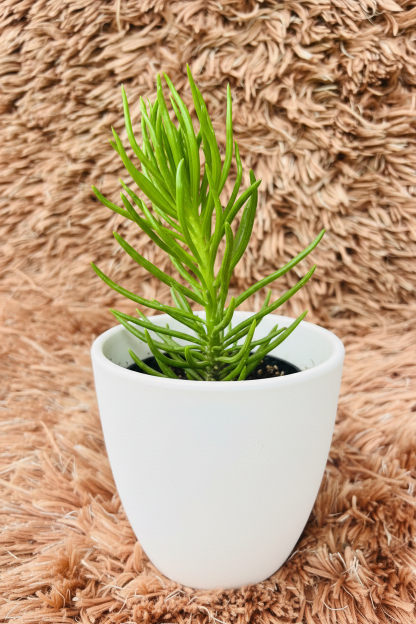 Senecio cylindricus side angle view in white ceramic pot showing spiky green stems