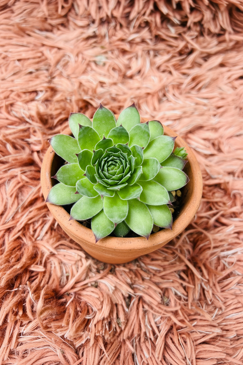 Laxmi Kamal Sempervivum succulent in terracotta pot - pink rug background angled view