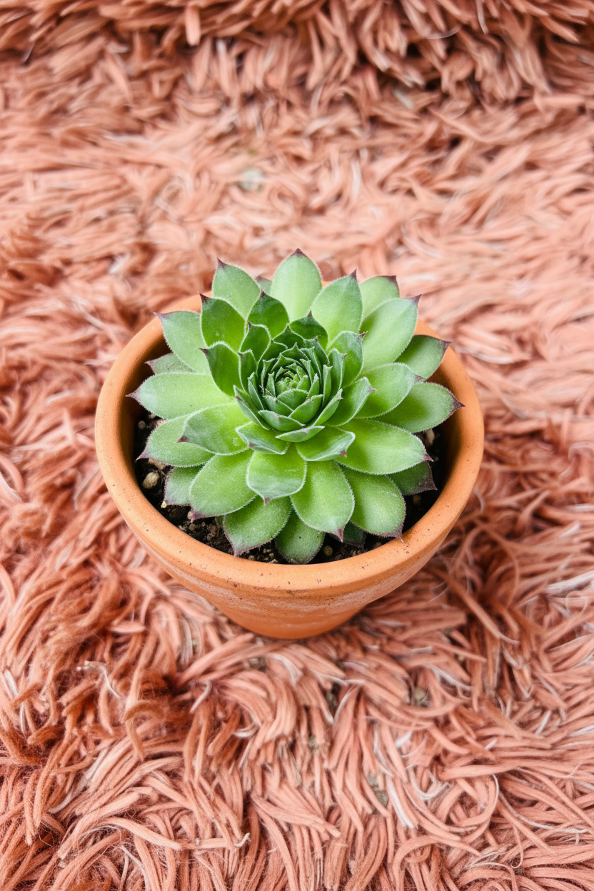 Laxmi Kamal Sempervivum succulent in terracotta pot - pink rug background top view