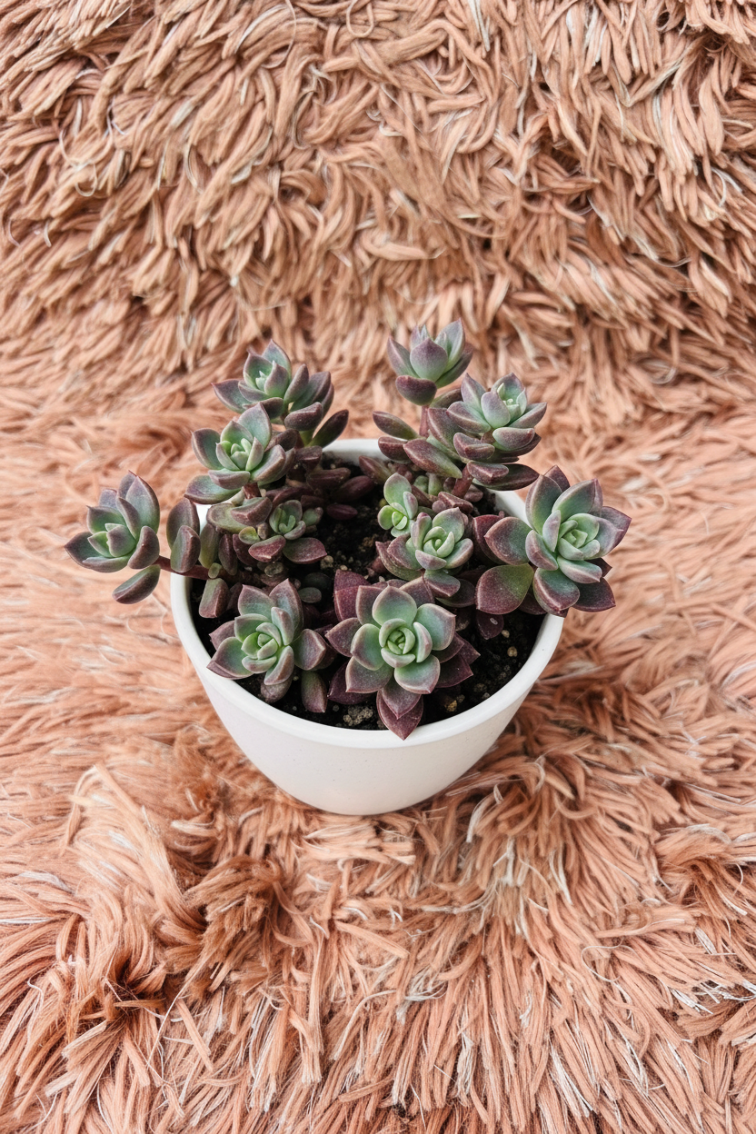 Echeveria Perle von Nurnberg purple rosette cluster top-down view in white ceramic pot