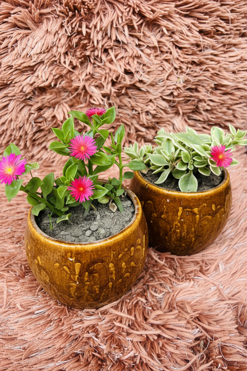 Baby Sun Rose Set in Ceramic Brown Pot - Side View