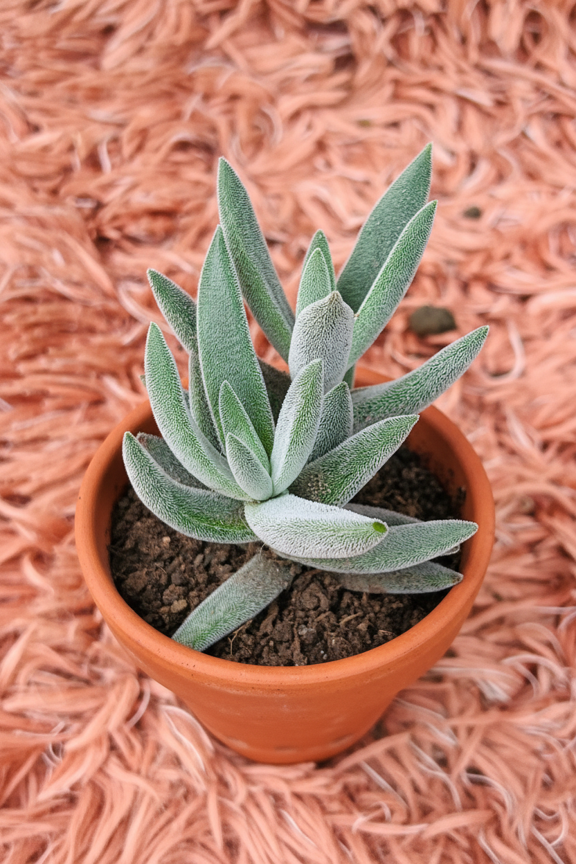 Velvet Senecio Cocoon Plant in terracotta pot - pink rug background