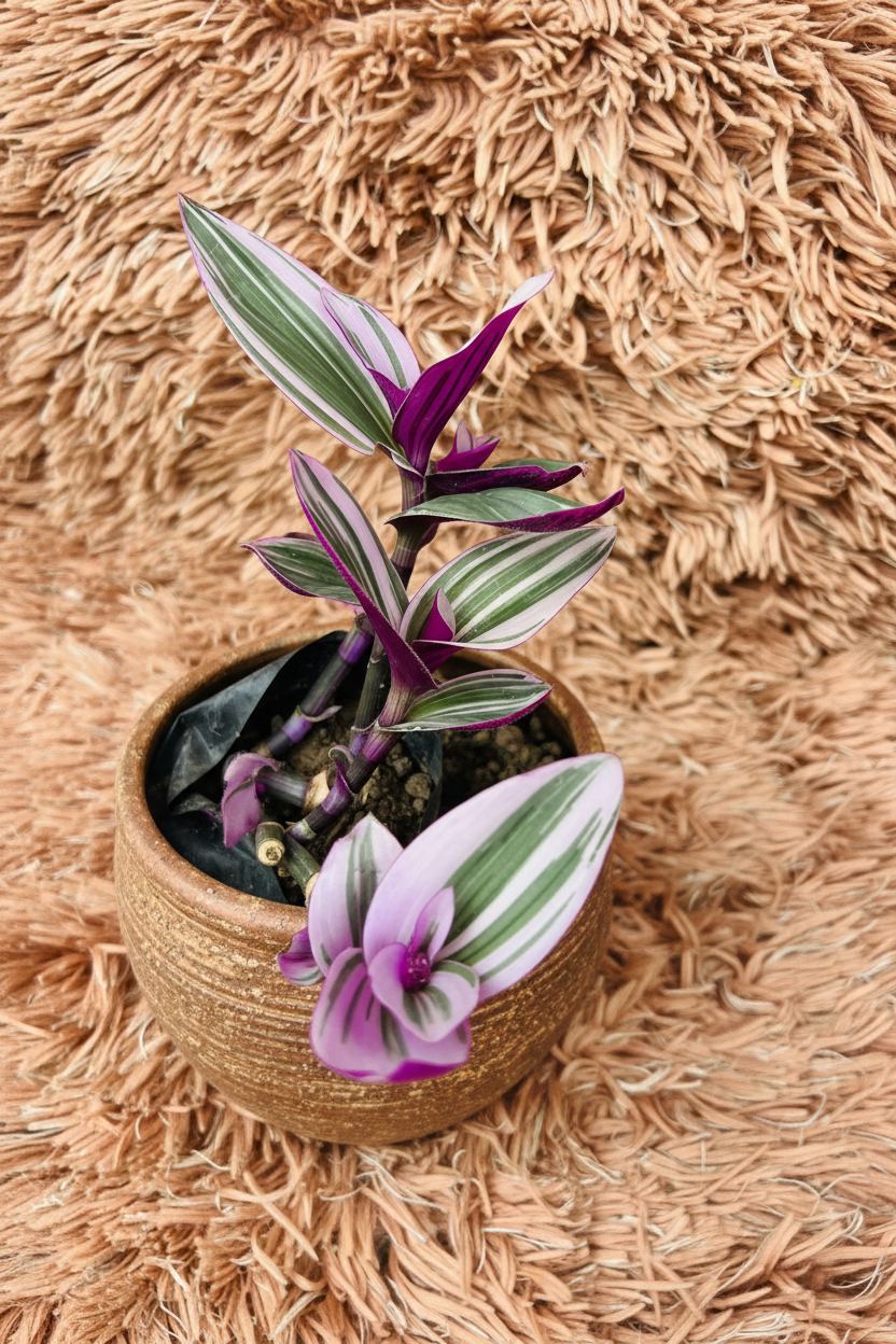 Tradescantia Spathacea in Ceramic Brown Pot - Side View