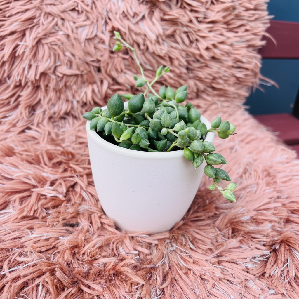 String of Tears succulent in white ceramic pot on pink fur background – three quarter view
